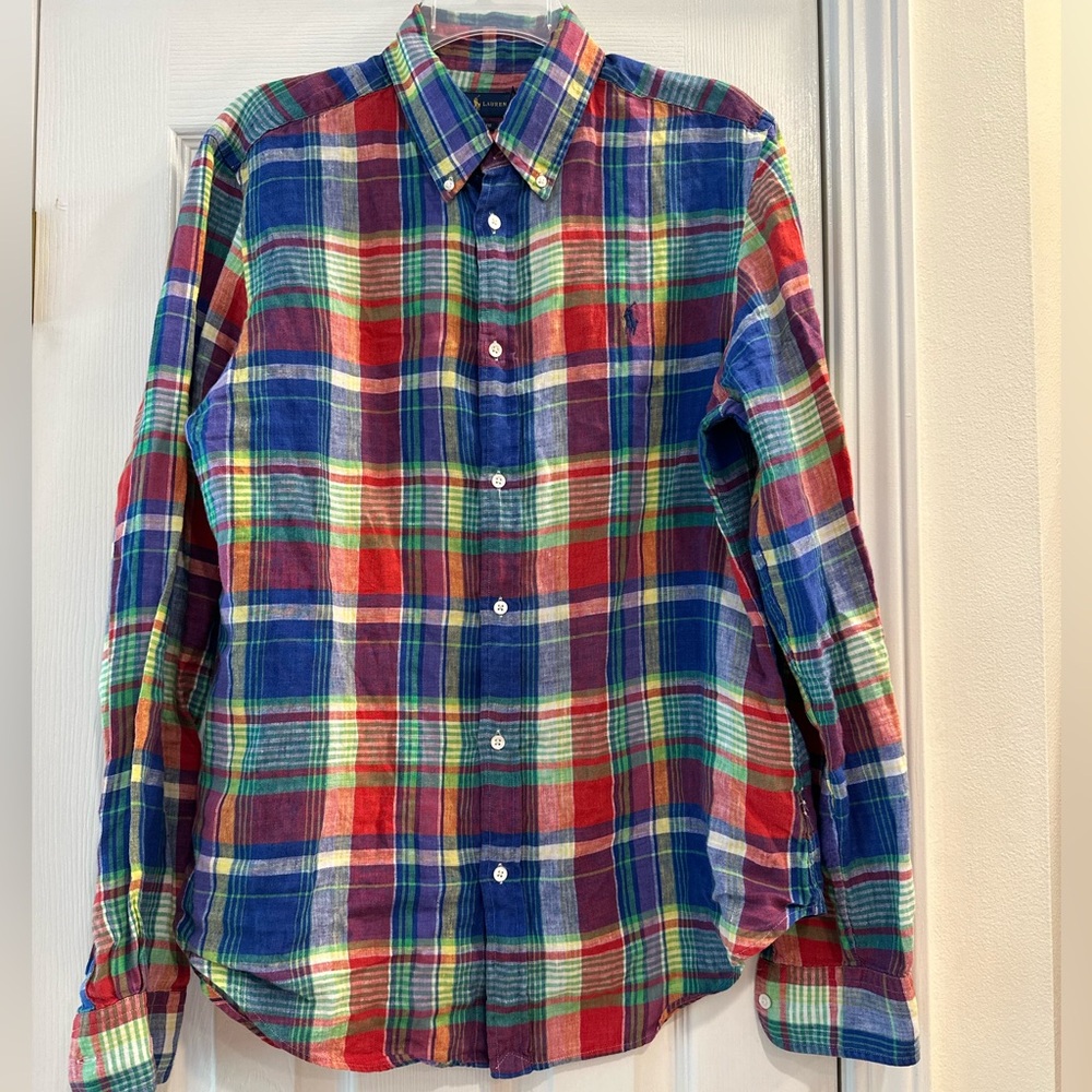 Ralph Lauren plaid 100% linen button down Shirt ~sz Large